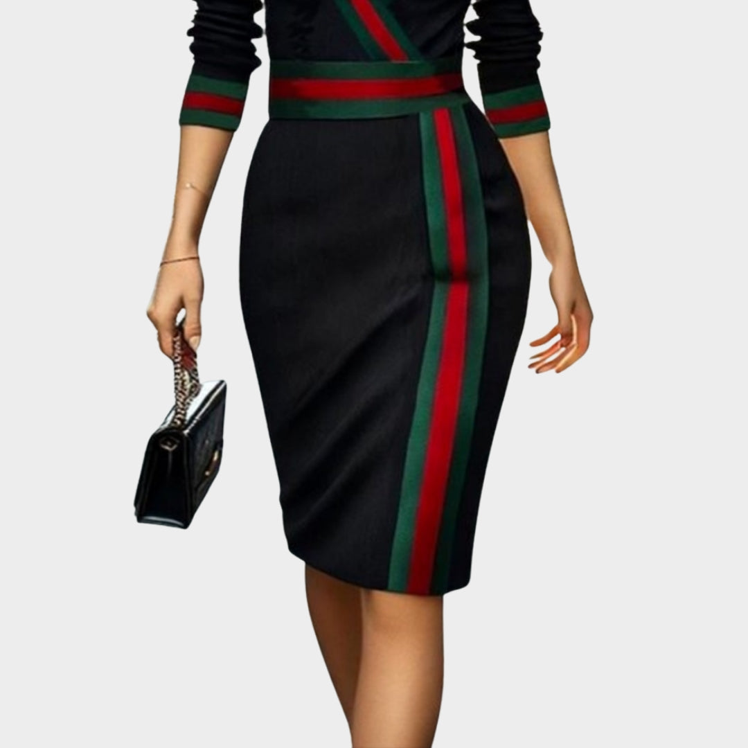 Women's Elegant Midi Dress - Deep V-Neck - Long Sleeve - Slim Fit & Striped Detail - Black