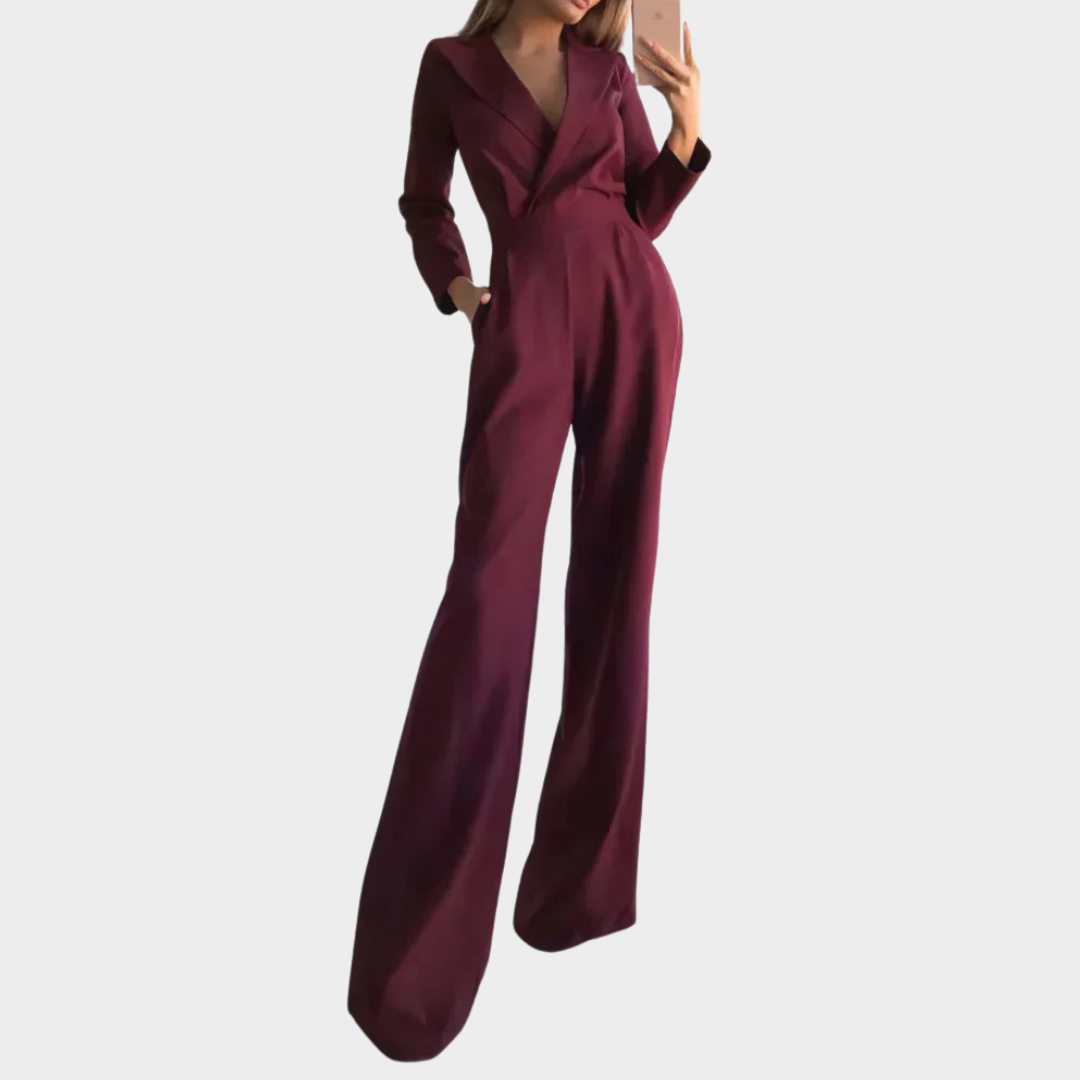Women's Long Sleeve Jumpsuit – V-Neck – Wide Leg – Elegant One-Piece – Slight Stretch – Multiple Colours