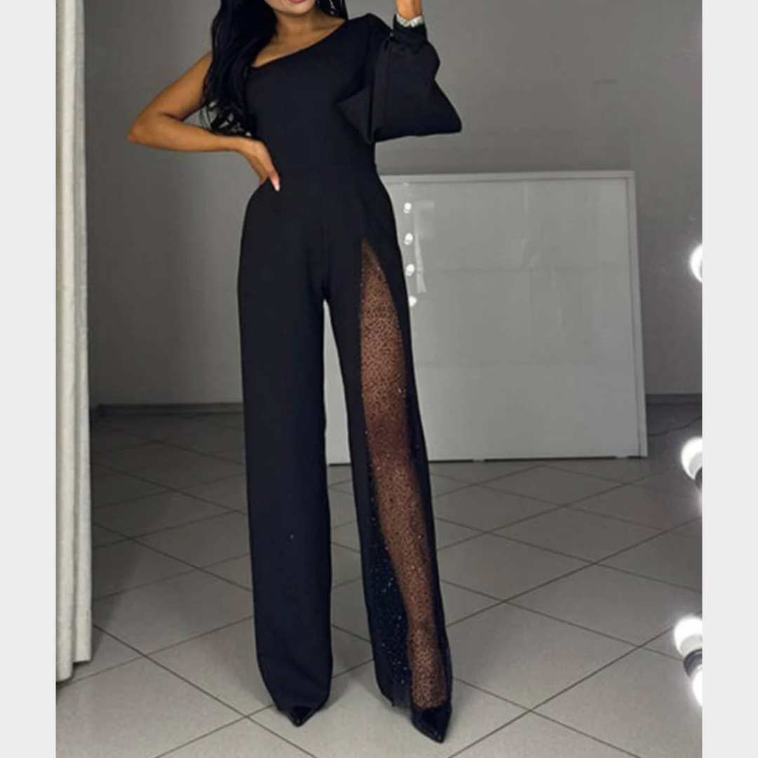 Women Jumpsuit – One Shoulder Sequin Romper with Skew Collar – High Waist Slim Fit – Thigh High Slit and Sheer Detailing – Elegant Party Evening Wear – Multiple Colours