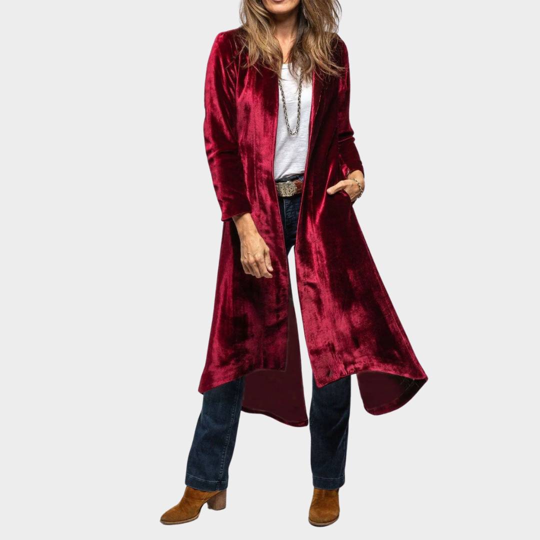 Women’s Velvet Long Cardigan Coat – Split Hem – Loose Fit – Elegant & Stylish – Multiple Colours