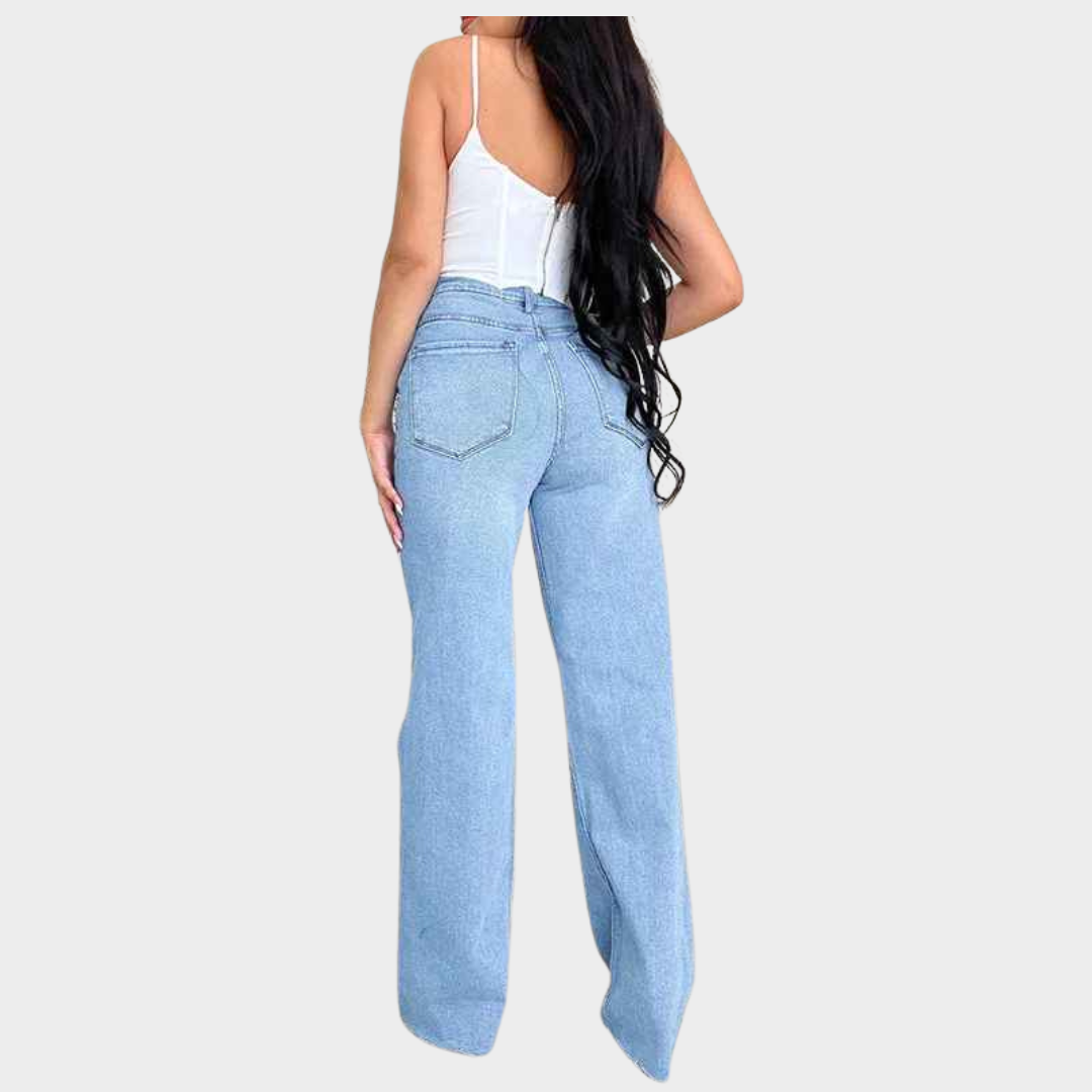 Women's Wide-Leg Jeans - High Waist Ankle-Length Denim Trousers - Zipper Fly with Pockets - Blue