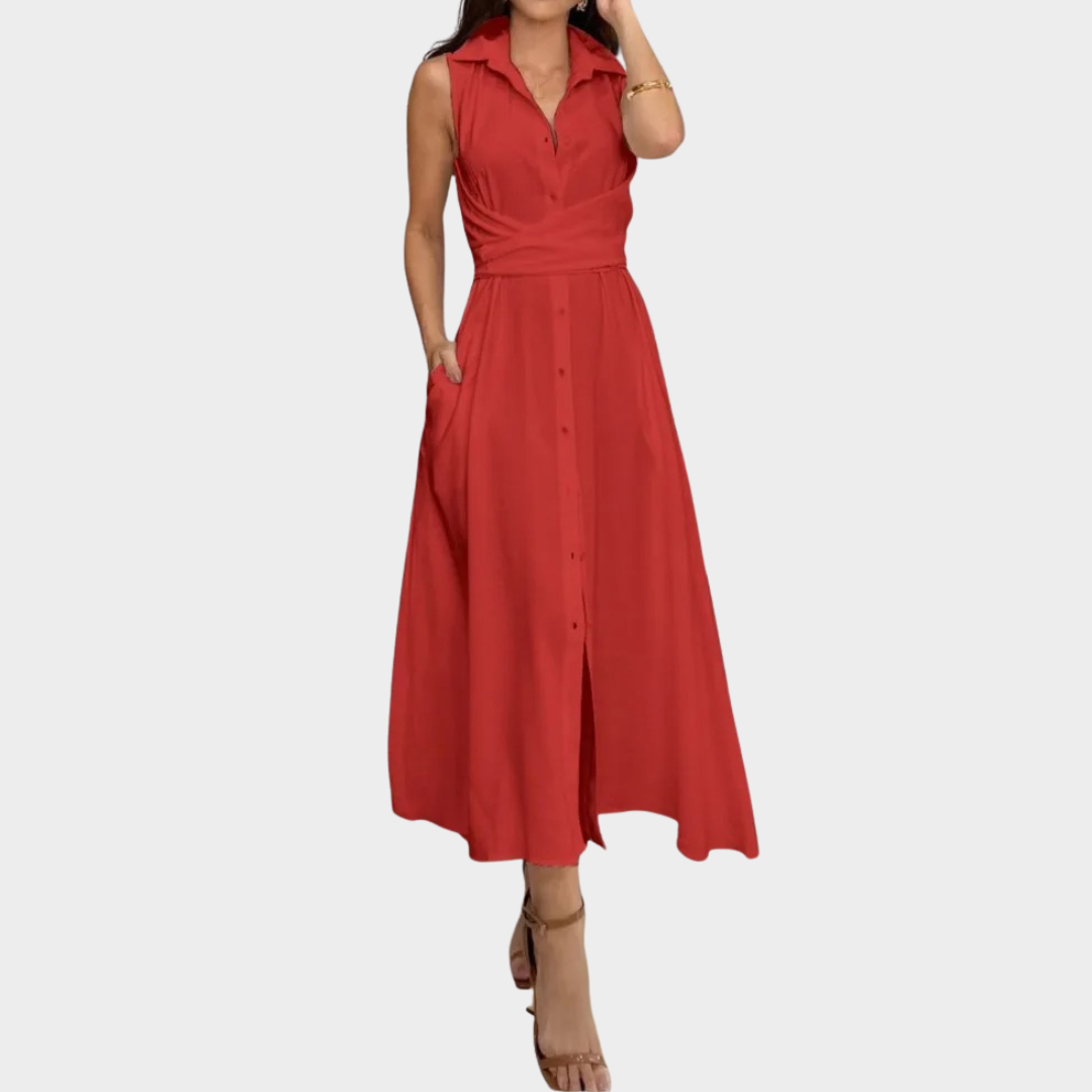 Women Shirt Dress – Sleeveless Lapel Design with Waist Tie and Button-Front – Multiple Colours