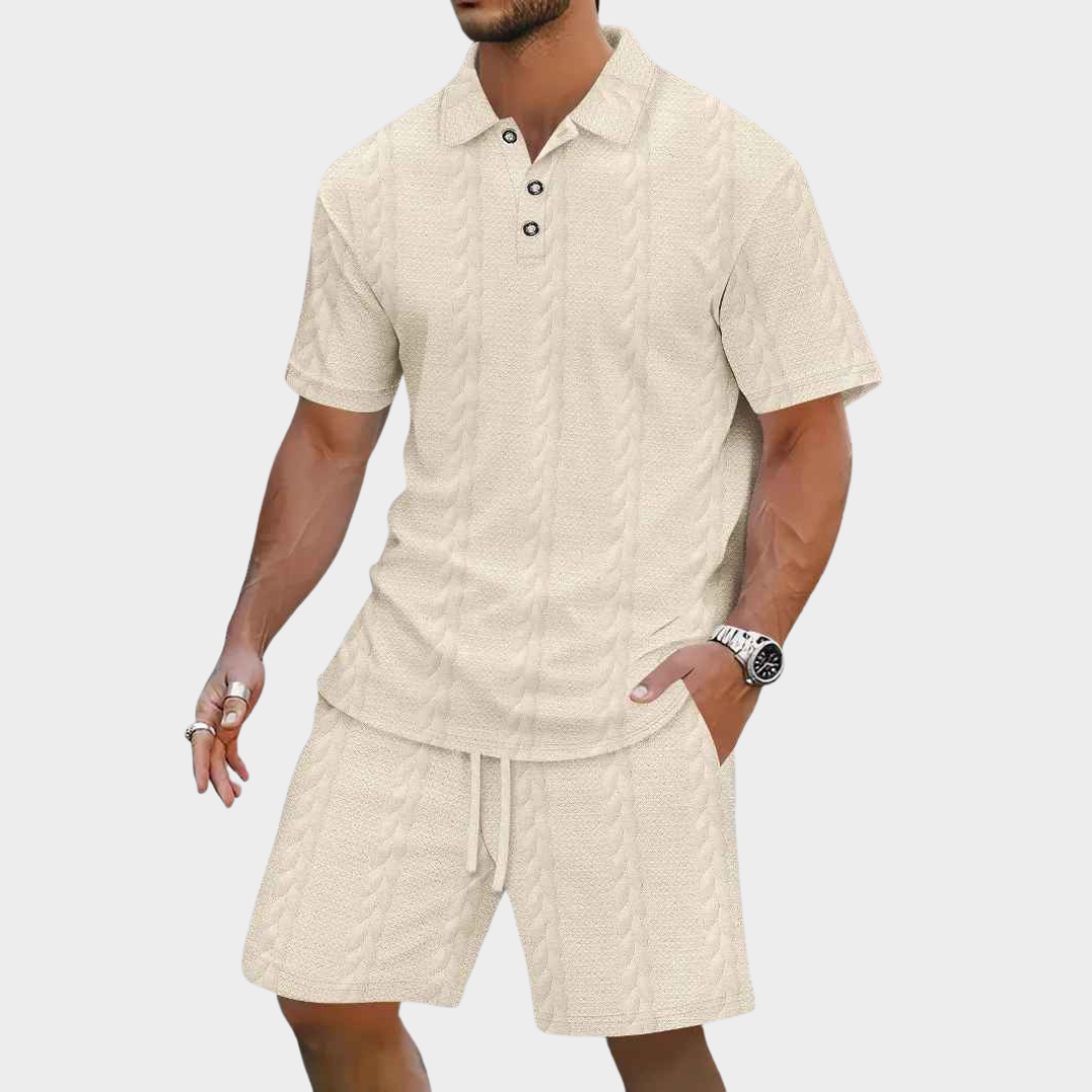Men's Co-Ord Set – Jacquard Solid Colour Lapel Short Sleeve Shirt with Drawstring Shorts – Casual Beach Style – Multiple Colours