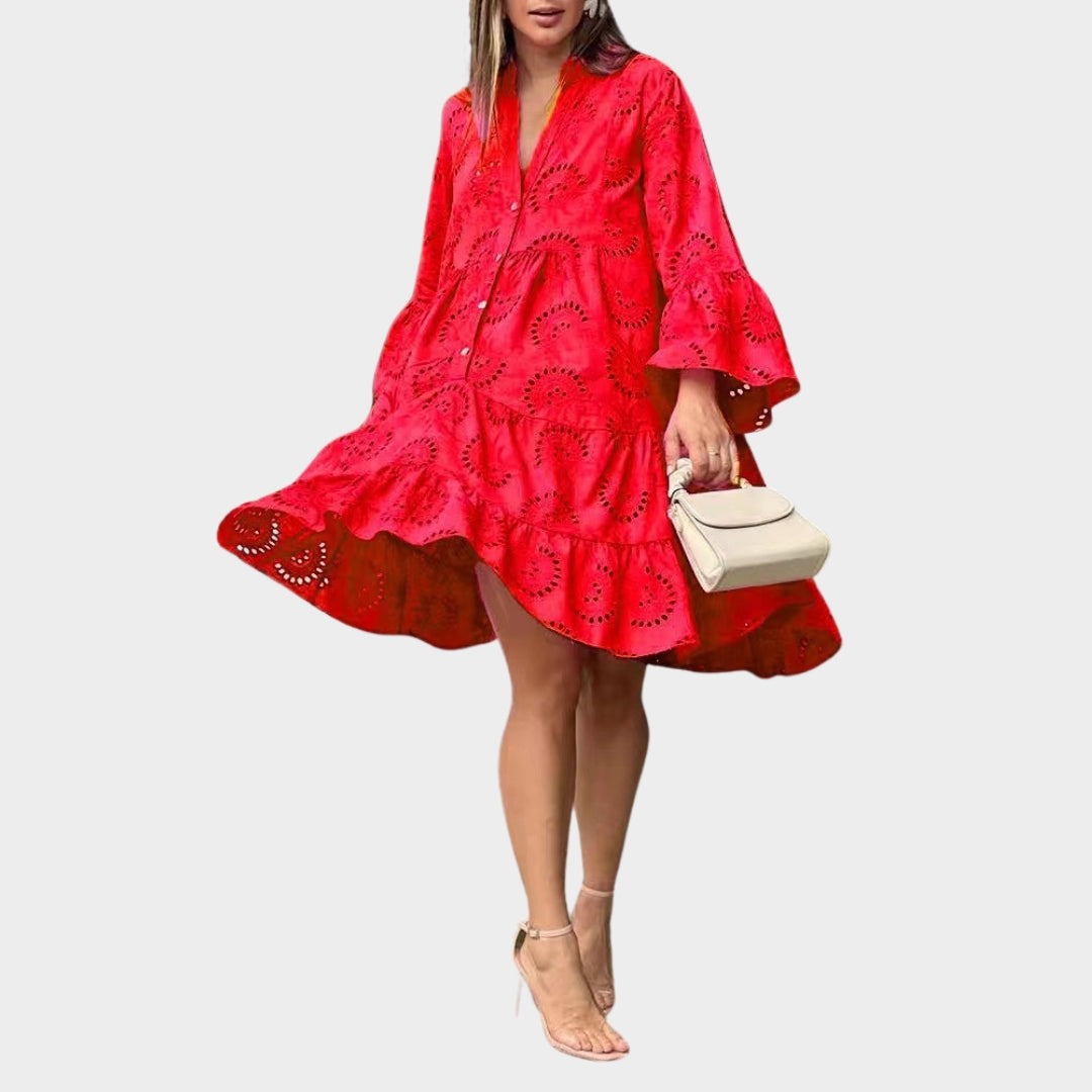Spring Summer Women’s V-Neck Lace Dress – Solid Color, Embroidered, Hollow Design, Casual Loose Fit