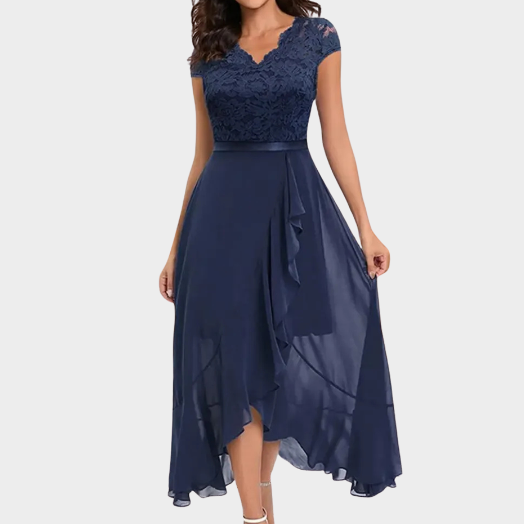 Women Elegant Maxi Dress – High Waist Round Neck Lace Chiffon Formal Fit – Multiple Colours