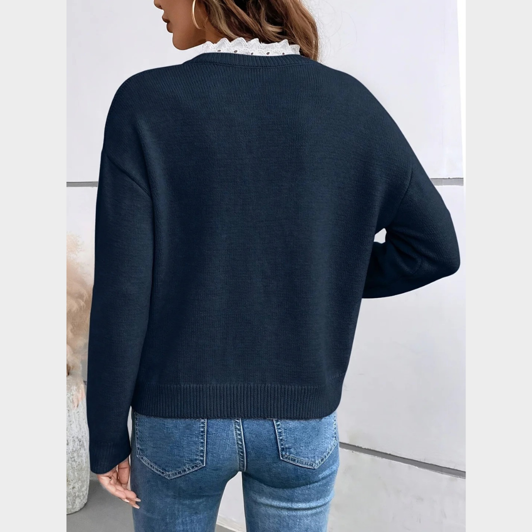 Women Elegant V-Neck Sweater – Casual Loose Knit Pullover with Lace Detail – Thick Warm Comfortable Design – Multiple Colours