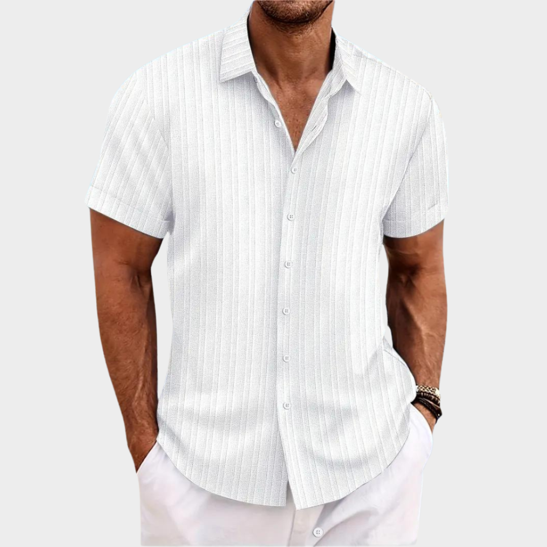 Men's Short-Sleeved Jacquard Shirt - Wave Strip Pattern - Casual Fit Blouse - Multiple Colours