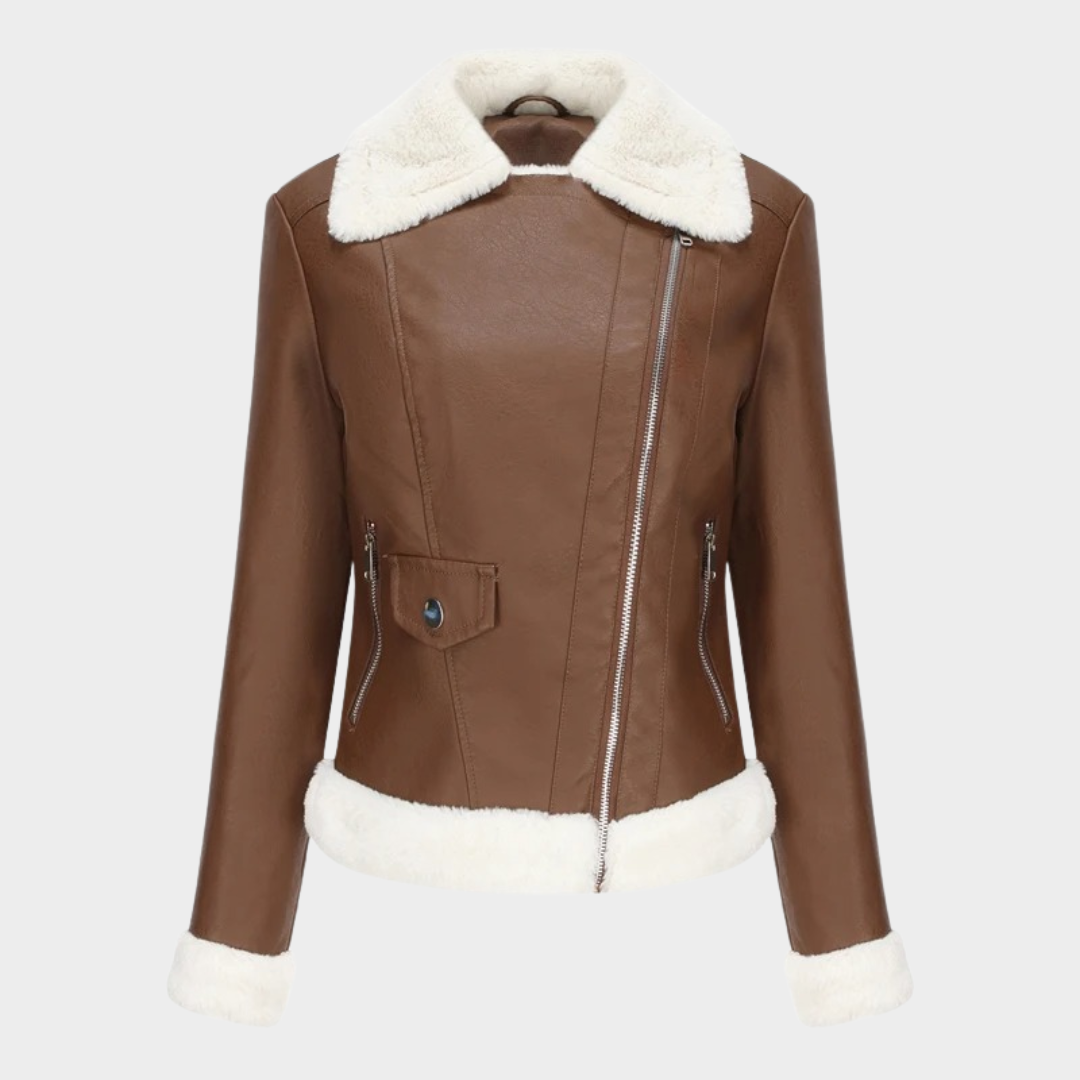 Women’s Fleece-Lined Leather Biker Jacket – Short Motorcycle Style with Warm Casual Fit – Multiple Colours