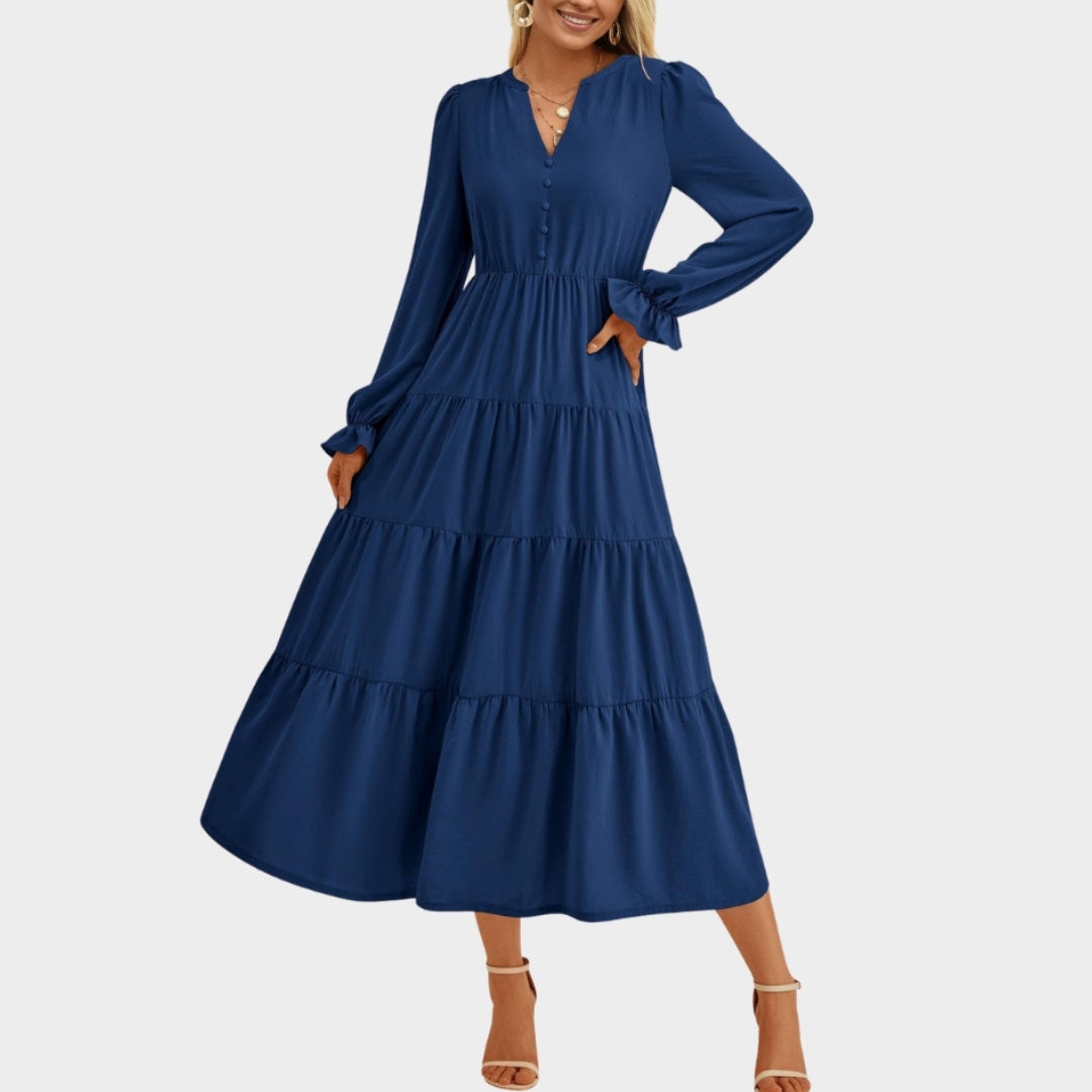Women’s High-Waist A-Line Dress - V-Neck, Layered Ruffles, Button Embellished, Long Sleeve, Wine, Black, and More