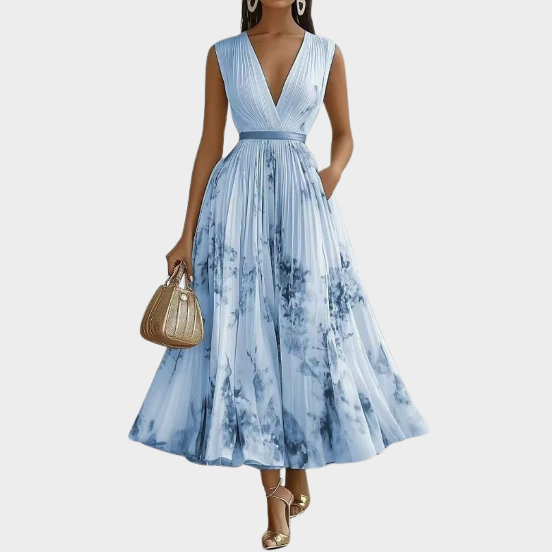 Women’s Sleeveless A-Line Maxi Dress – Deep V-Neck with High Waist and Floral Print – Lightweight Polyester – Multiple Colours