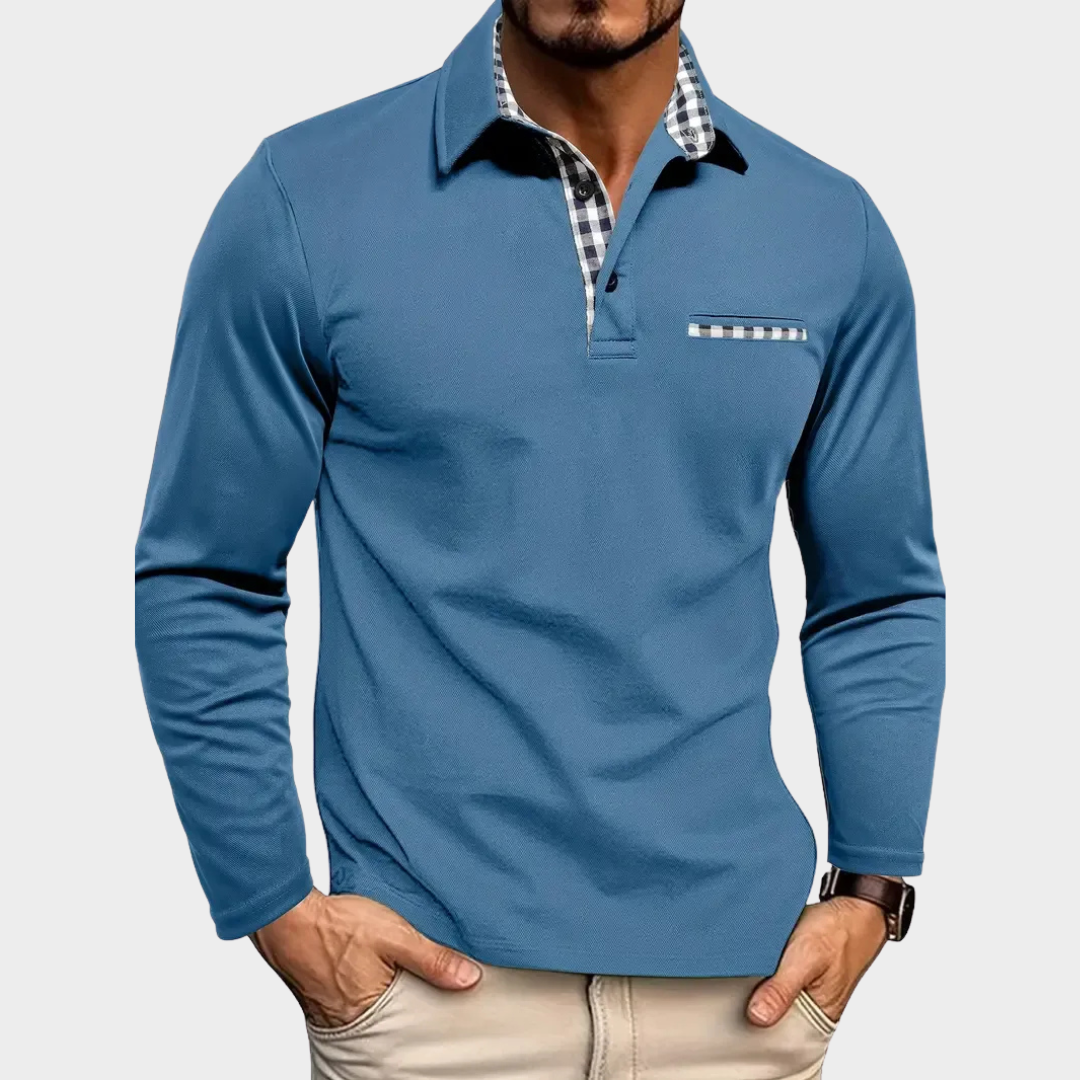 Men Premium Long Sleeve Polo Shirt – Tailored Regular Fit with Check Collar Detail – Cotton Polyester Blend – Multiple Colours