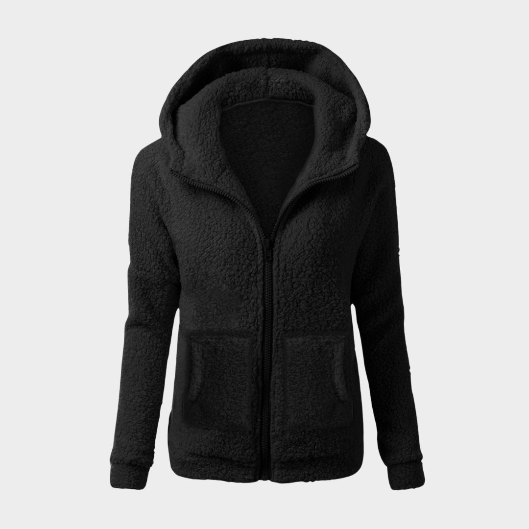 Women’s Hooded Plush Zip-Up Coat – Soft Loose Sweatshirt, Solid Color, Warm Top for Autumn & Winter, Pink, Beige, Black