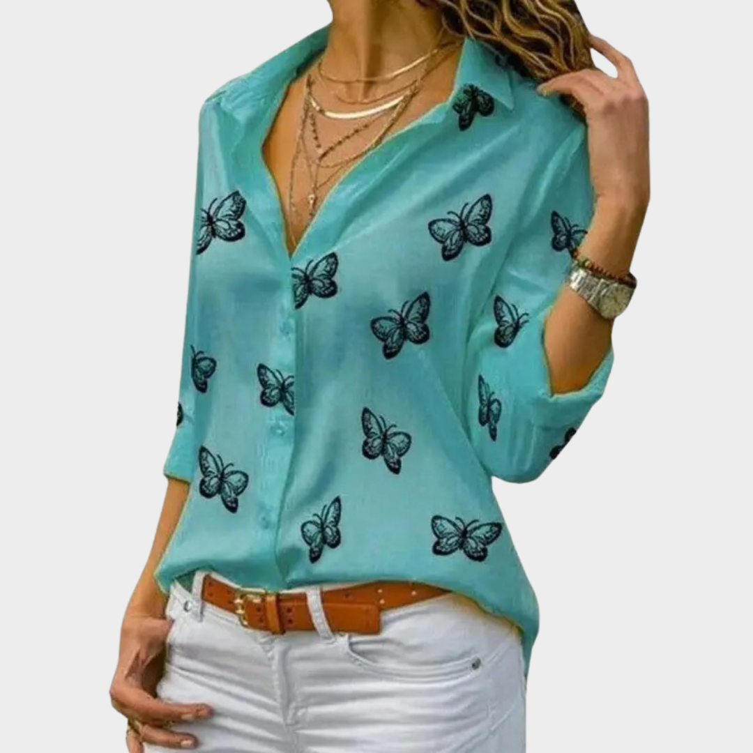 Women’s Oversized Blouse – Butterfly Print Long Sleeve Shirt – Turn-Down Collar – Loose Fit – Lightweight Fabric – Multiple Colours
