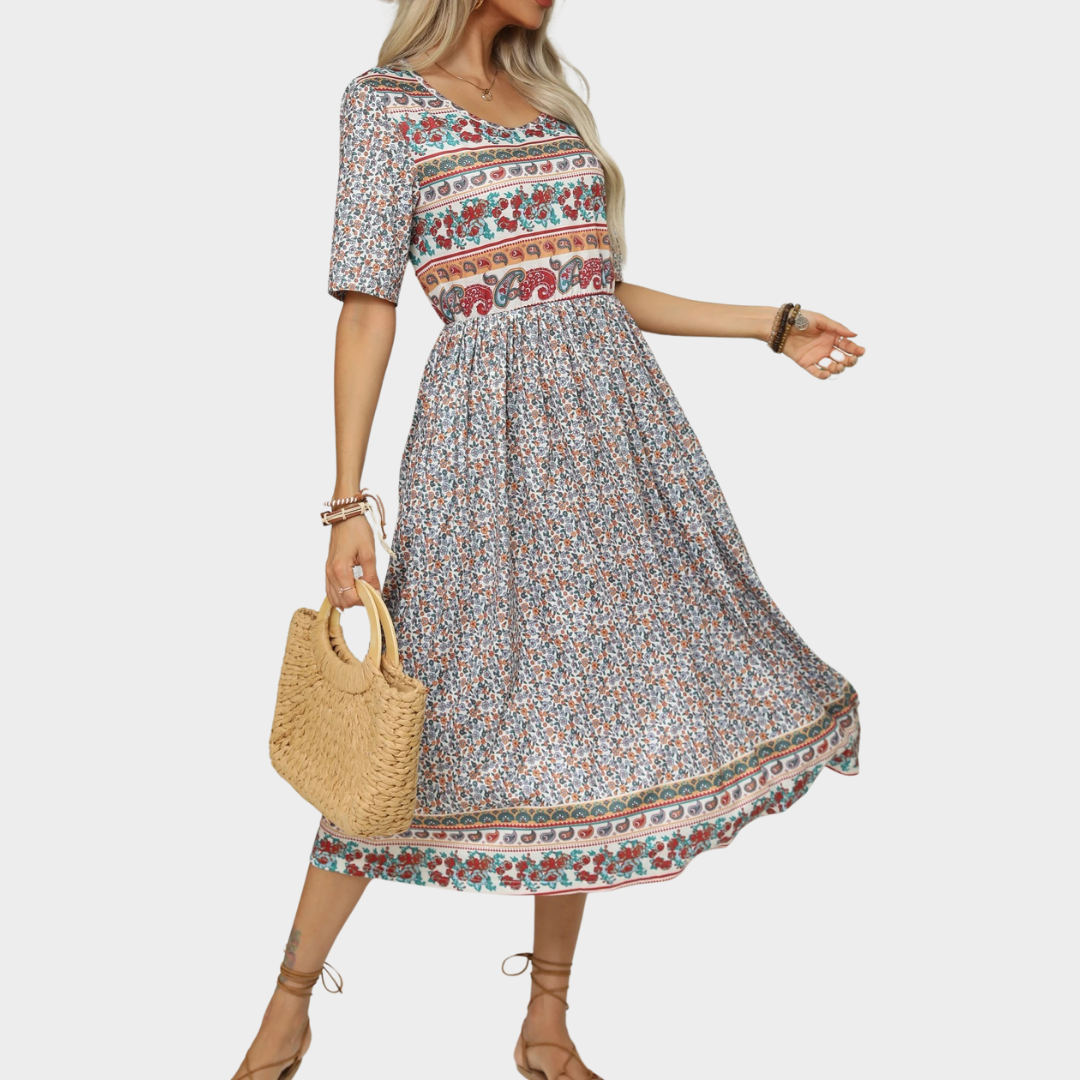 Women’s Bohemian Print Long Dress – Round Neck Short Sleeve Fit – Casual Flowy Maxi Silhouette – Lightweight Fabric – Multiple Colours