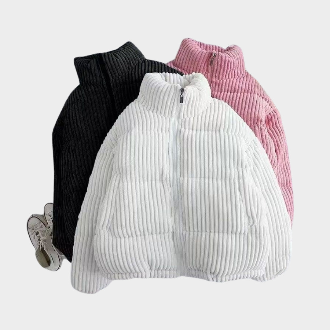 Women’s Corduroy Cotton Jacket - Short Loose-Fit Winter Coat, Fashionable Outerwear, Black, Ivory, Pink