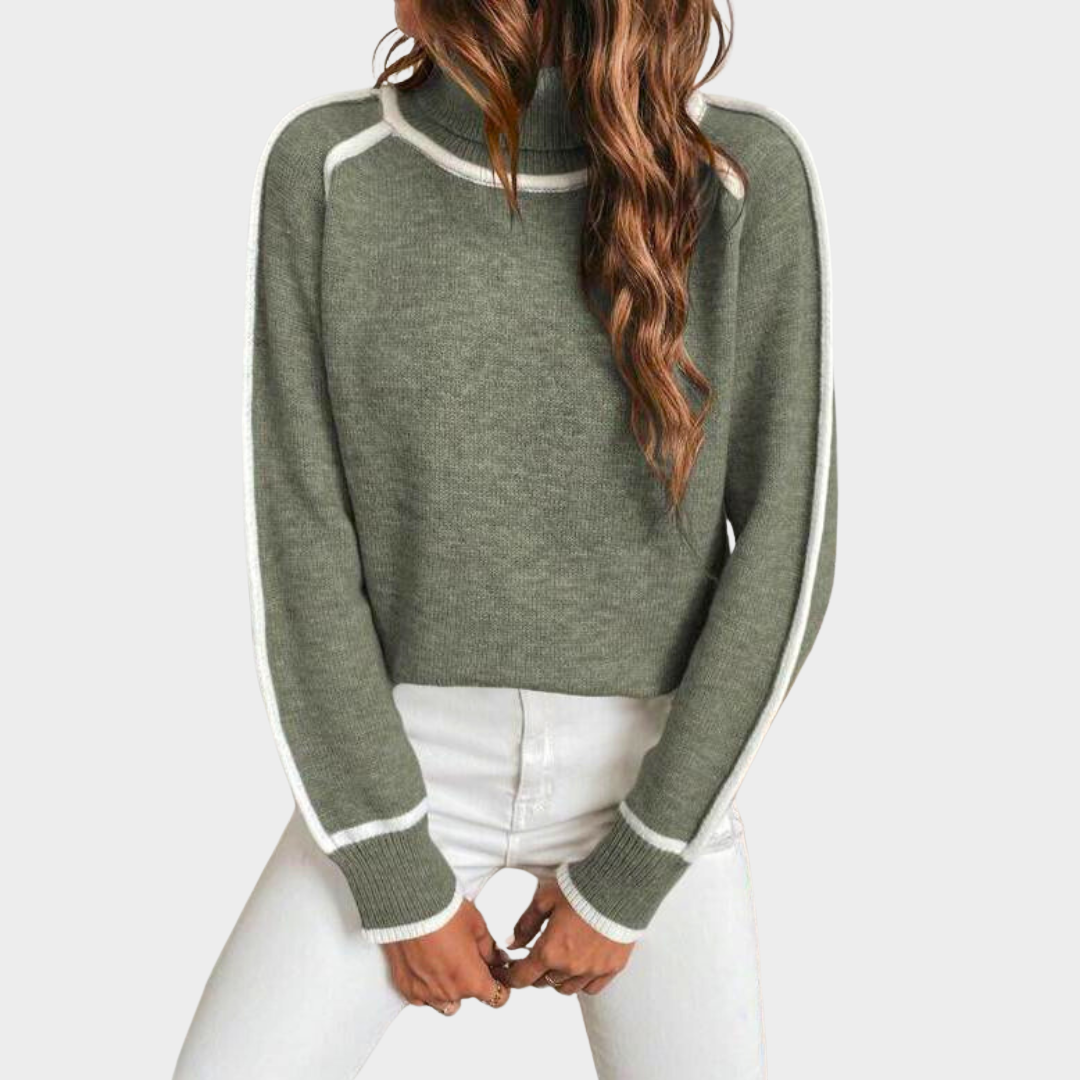 Women’s Turtleneck Patchwork Sweater – Elegant Long Sleeve Pullover – Loose Fit – Soft Knit Fabric – Green