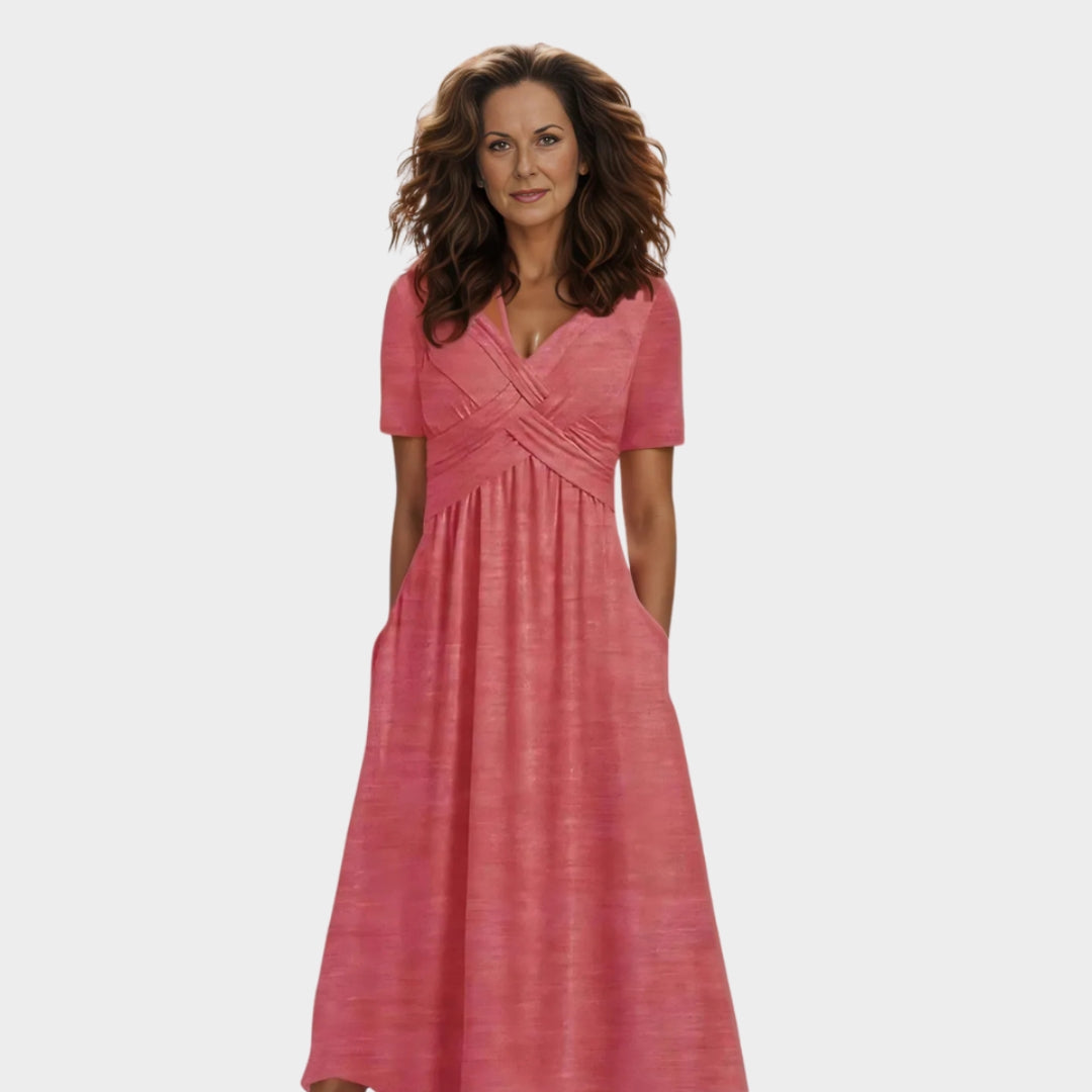 Women's Solid-Colored Summer Dress – V-Neck, Short Shoulder Sleeves, Casual Fit, Lightweight Fabric