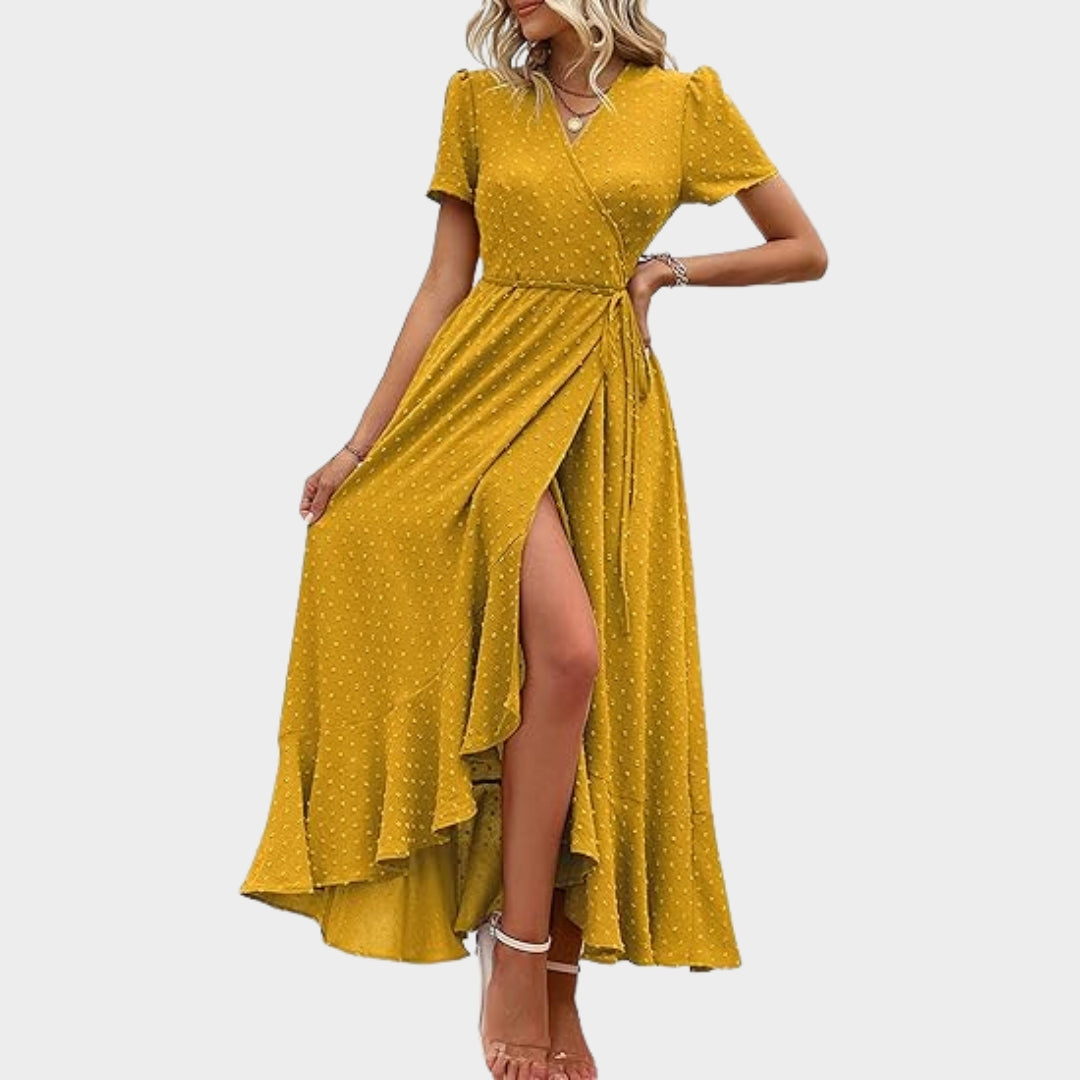Women's Floral Wrap Maxi Dress - V-Neck - Short Sleeve - Ruffle Hem - Boho Beach Style - Multiple Colours