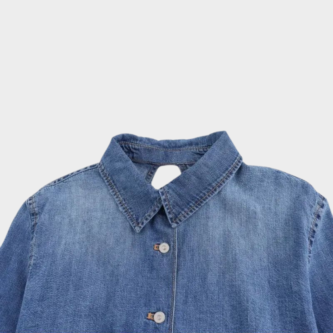 Women's Backless Denim Shirt – Long Sleeve – Vintage Blouse – Stylish Casual Top – Blue