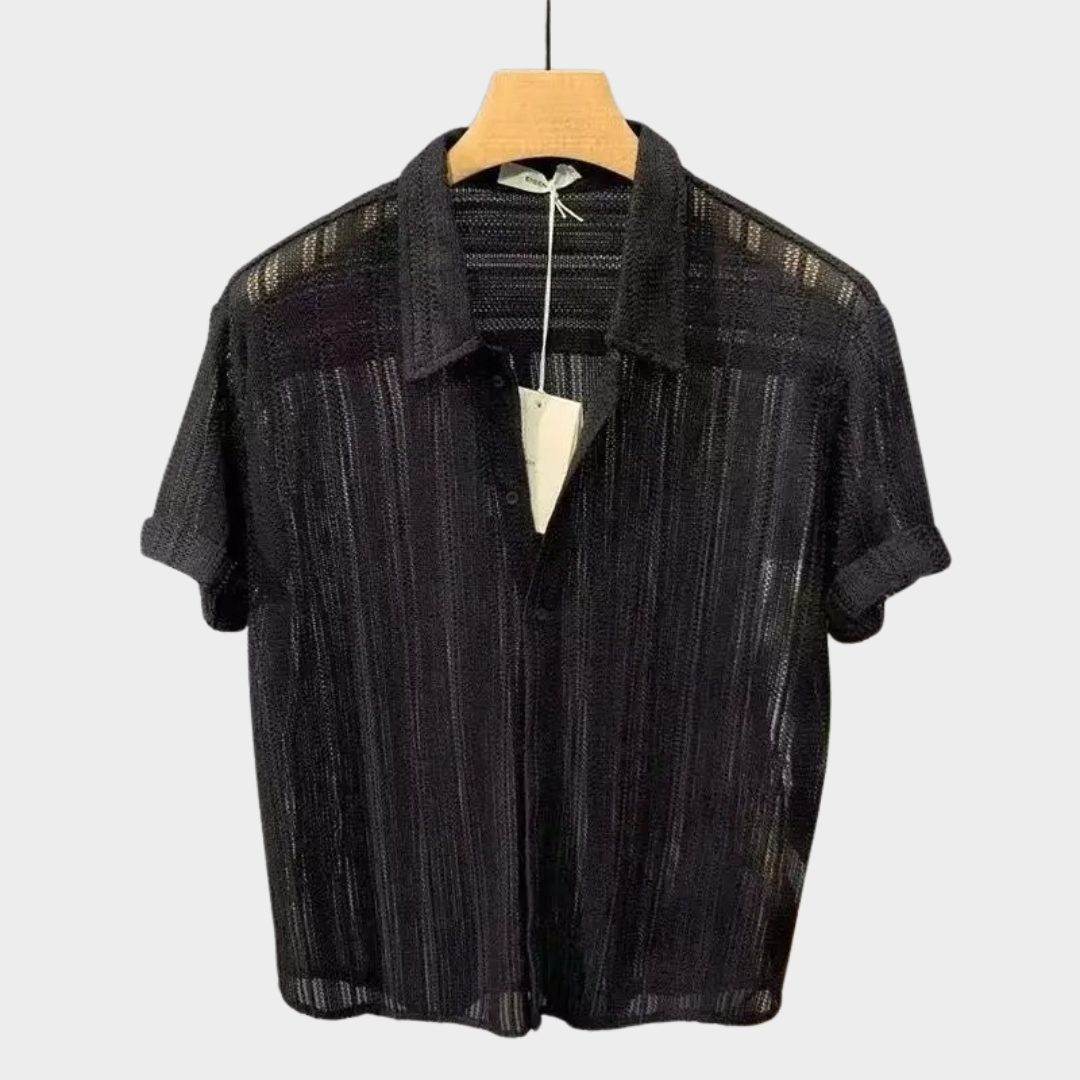 Men’s Short Sleeve Knitted Shirt – Hollow Out Cardigan Style with Buttoned Lapel – Lightweight Comfortable Fit – Multiple Colours