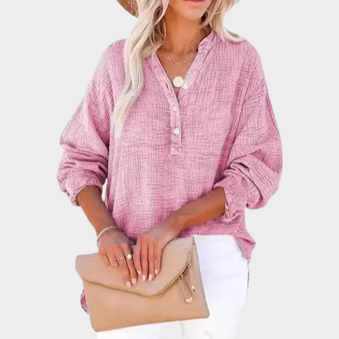 Women’s Long-Sleeve Blouse – Pleated Button Front Top – Relaxed Fit – Lightweight Fabric – Multiple Colours