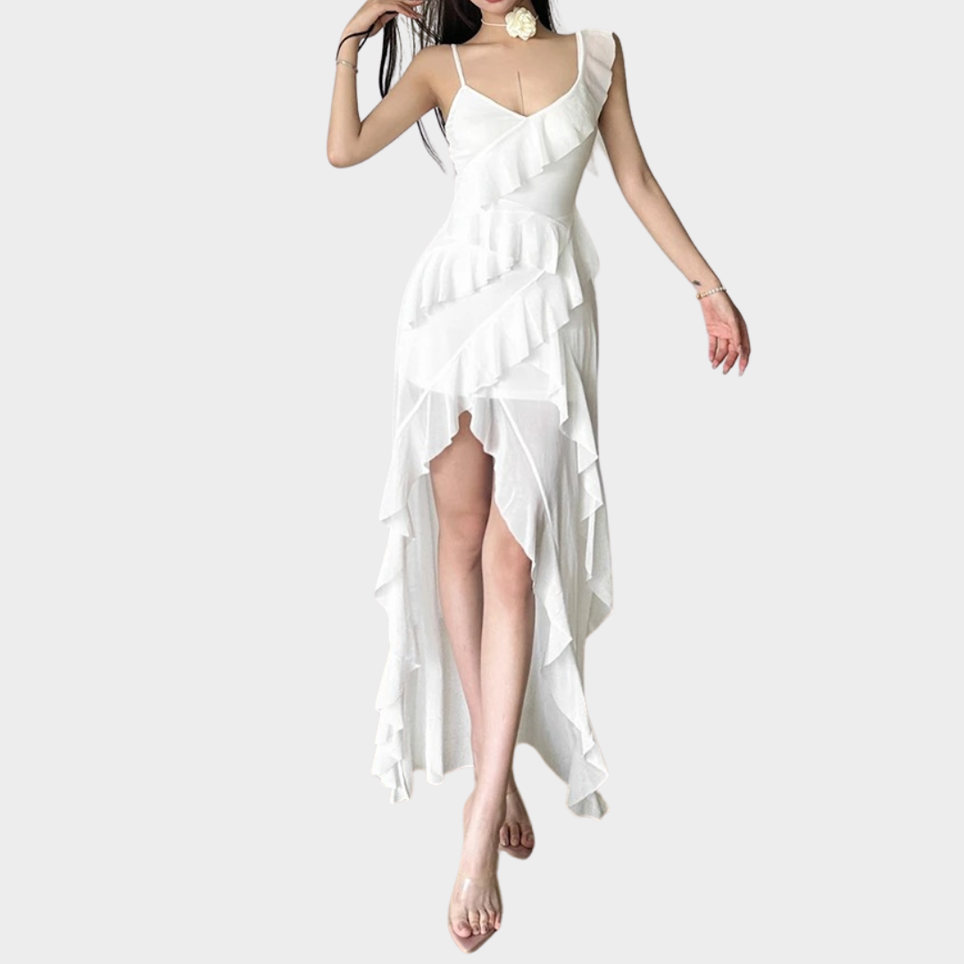 Women’s Tassel Ruffle Long Dress – Elegant Spaghetti Strap Fit – Lightweight Perspective Style – White