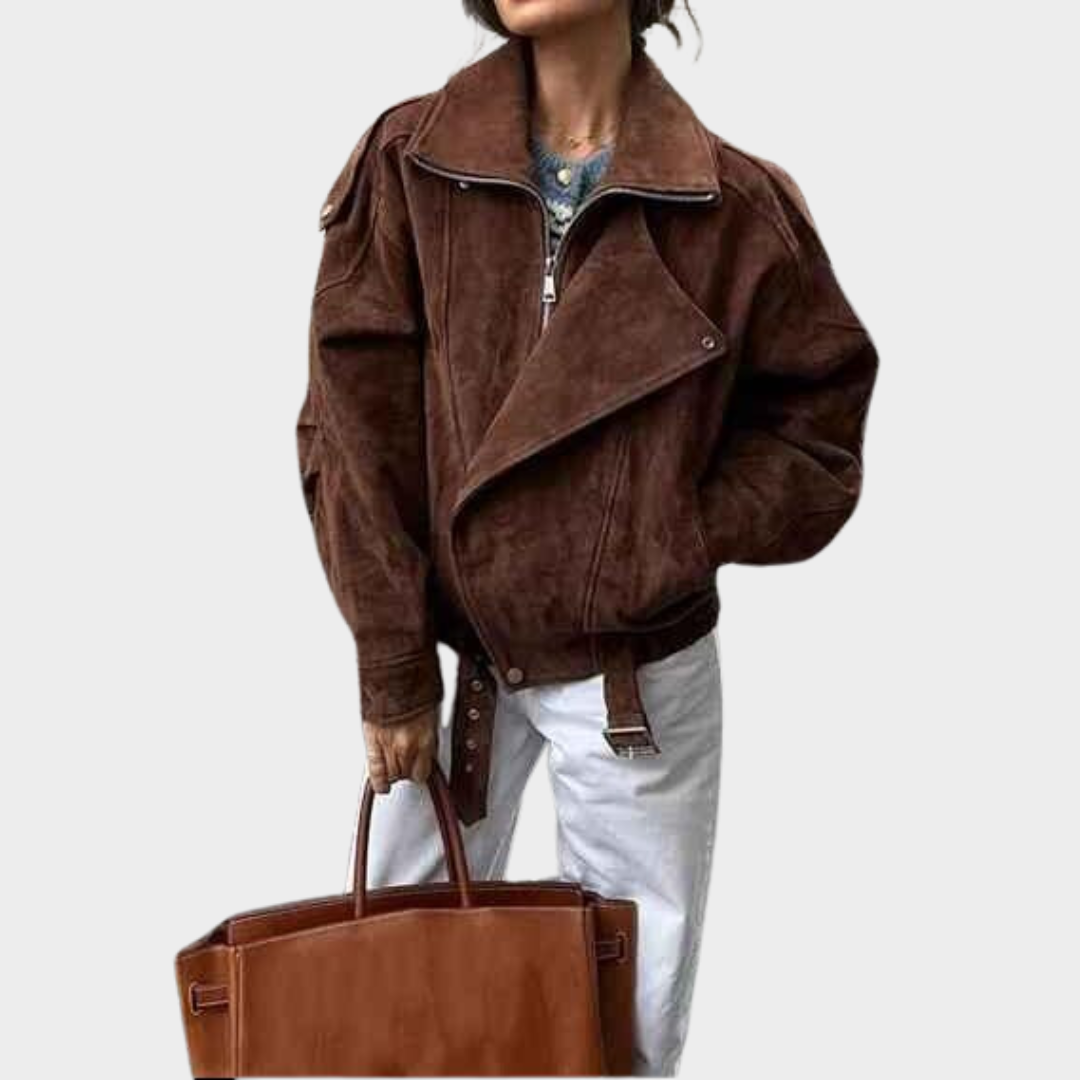 Women's Cropped Jacket - Vintage Lapel Coat - Zipper Front - Padded Shoulders - Dark Brown