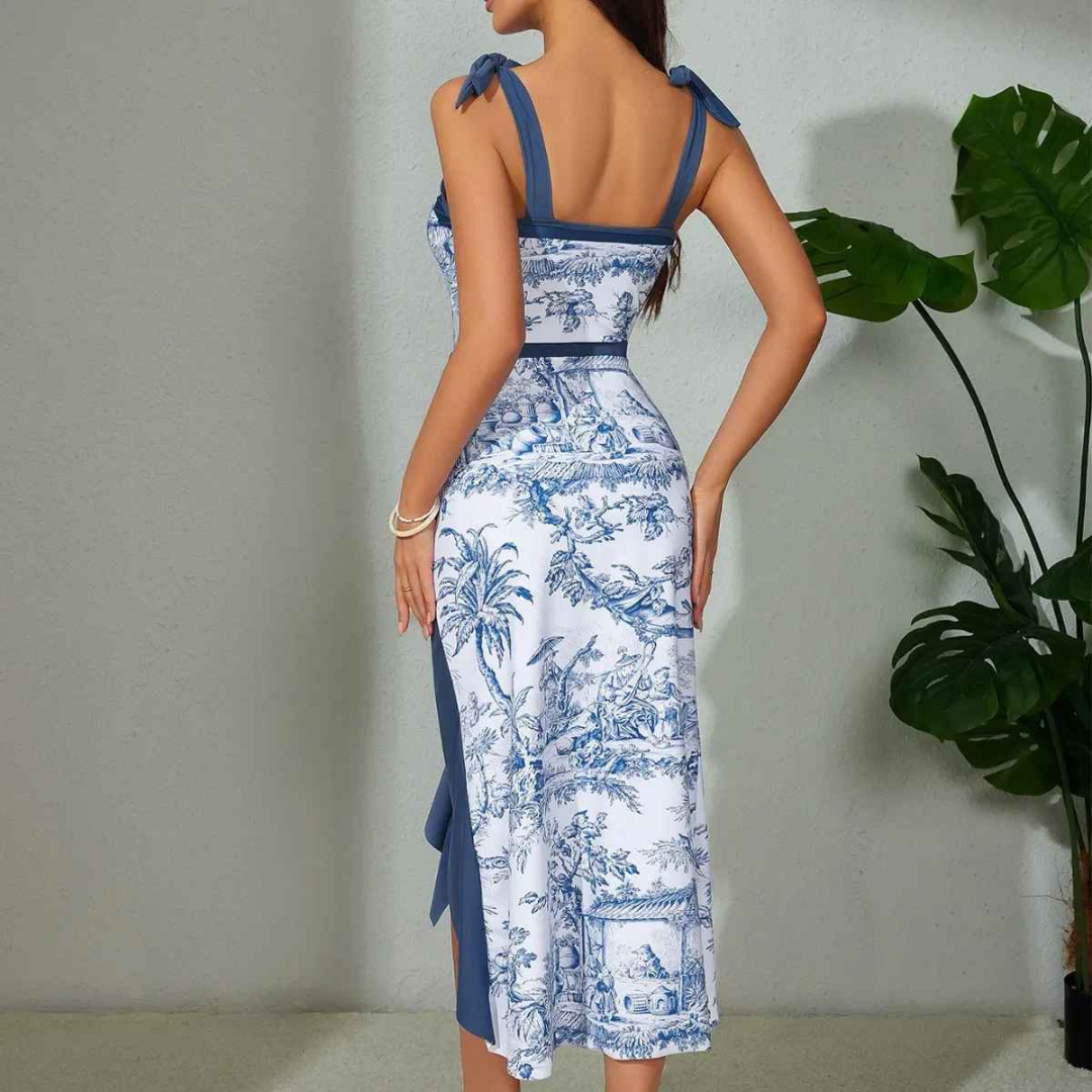Women's One-Piece Swimsuit – Retro Tie-Dress Long Skirt Style Slim Fit – Blue