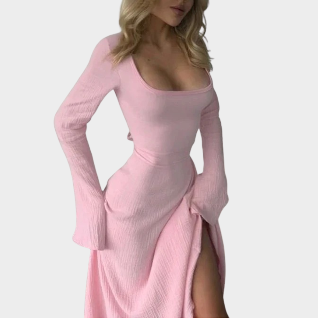 Women Long Dress – Slim Fit Bodycon with Lace Up Detailing – Low Cut V Neck – Long Sleeves and Slit Hem – Elegant Evening Party Wear – Multiple Colours