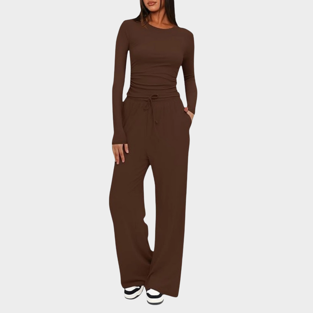 Women Casual Long Sleeve Outfit Set – High Waist Wide Leg Pants with Matching Top – Relaxed Fit Comfortable Sportswear – Multiple Colours