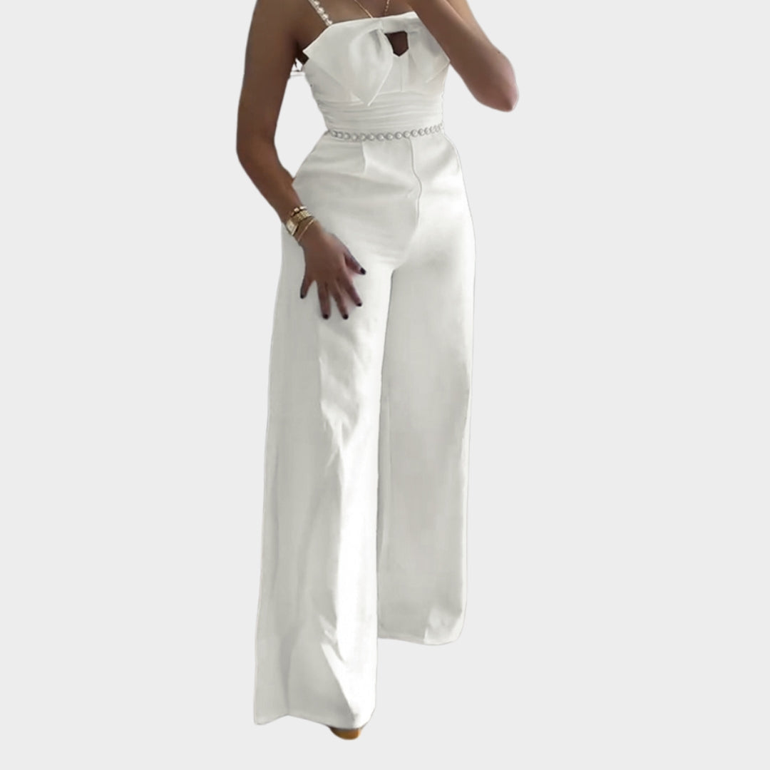 Spring Women’s Elegant Jumpsuit – Bandeau, Beading, Bowknot Design, Ruffles, Slim Fit, Wide Leg, White
