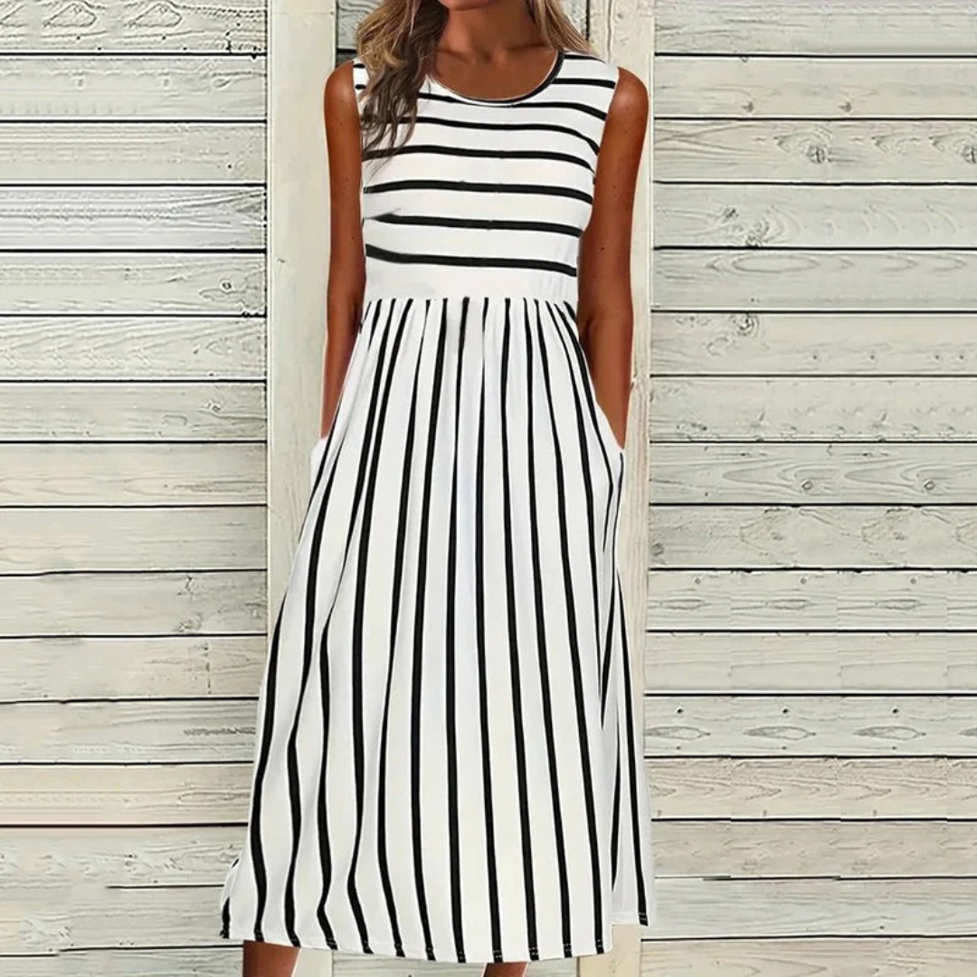 Women’s Sleeveless Long Dress – Striped Pattern – Round Neck – Relaxed Fit – Pocket Detail – Multiple Colours