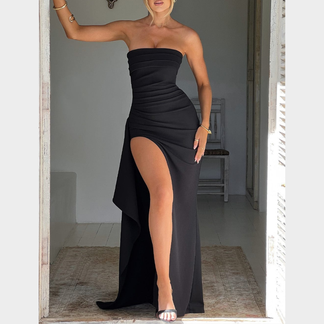 Women’s Maxi Dress – Strapless Bodycon Fit with Pleated Bust, Thigh High Split and Draped Detail in Luxury Stretch Crepe – Multiple Colours
