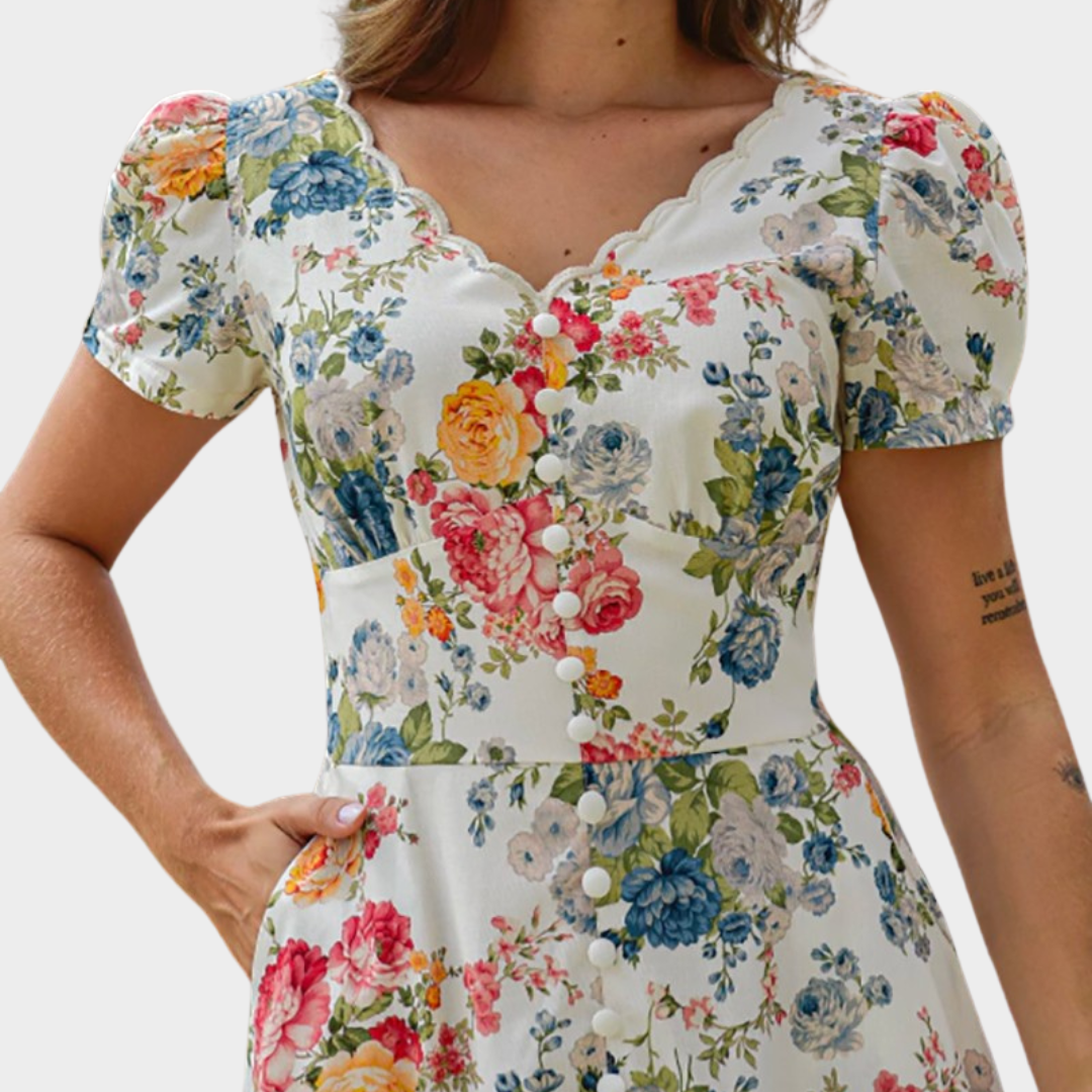 Women's Bohemian Maxi Dress – V-Neck Flowy A-Line Dress – Puff Short Sleeves – Soft Fabric – Flowers