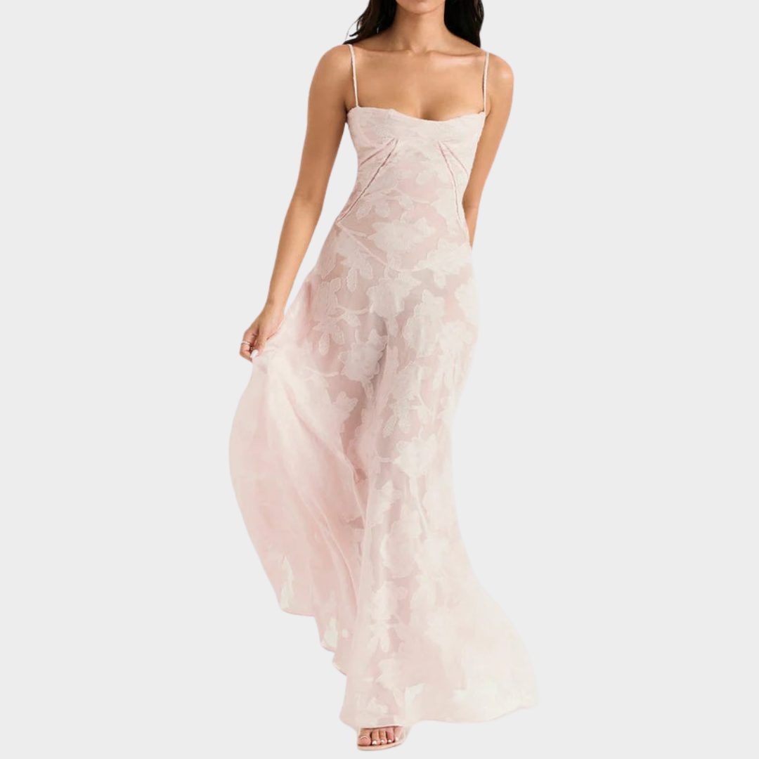 Women’s Formal Maxi Dress – Spaghetti Strap Embroidered Mesh Overlay – Elegant Fit for Events – Sheer Detailing – Multiple Colours