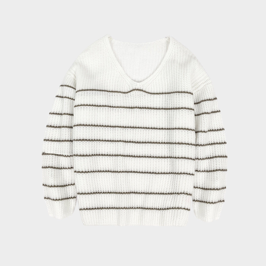 V-Neck Women’s Sweater - Beige Metallic Striped Knit, Slim Fit, Long Sleeve Beige Pullover, Autumn Fashion