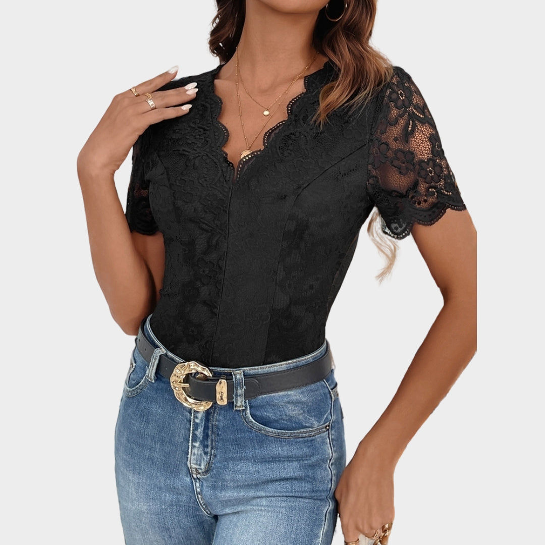 Women's Lace Patchwork Bodysuit - Slim Fit V-Neck Elegant One-Piece - Black