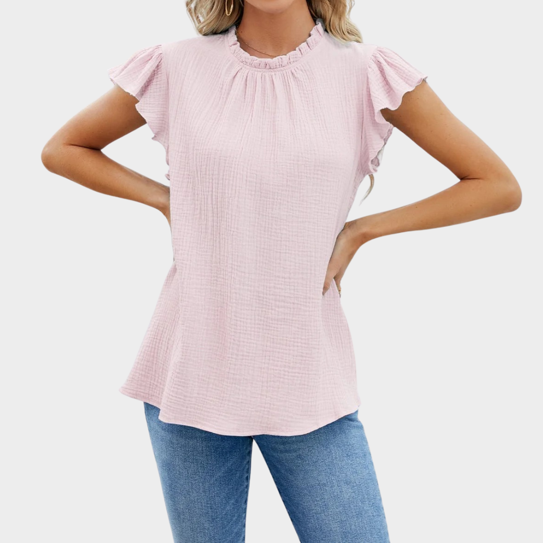 Women’s Short Sleeve Top – Relaxed Fit – Pleated Neck – Ruffle Sleeve – Comfortable Fiber Blend – Multiple Colours