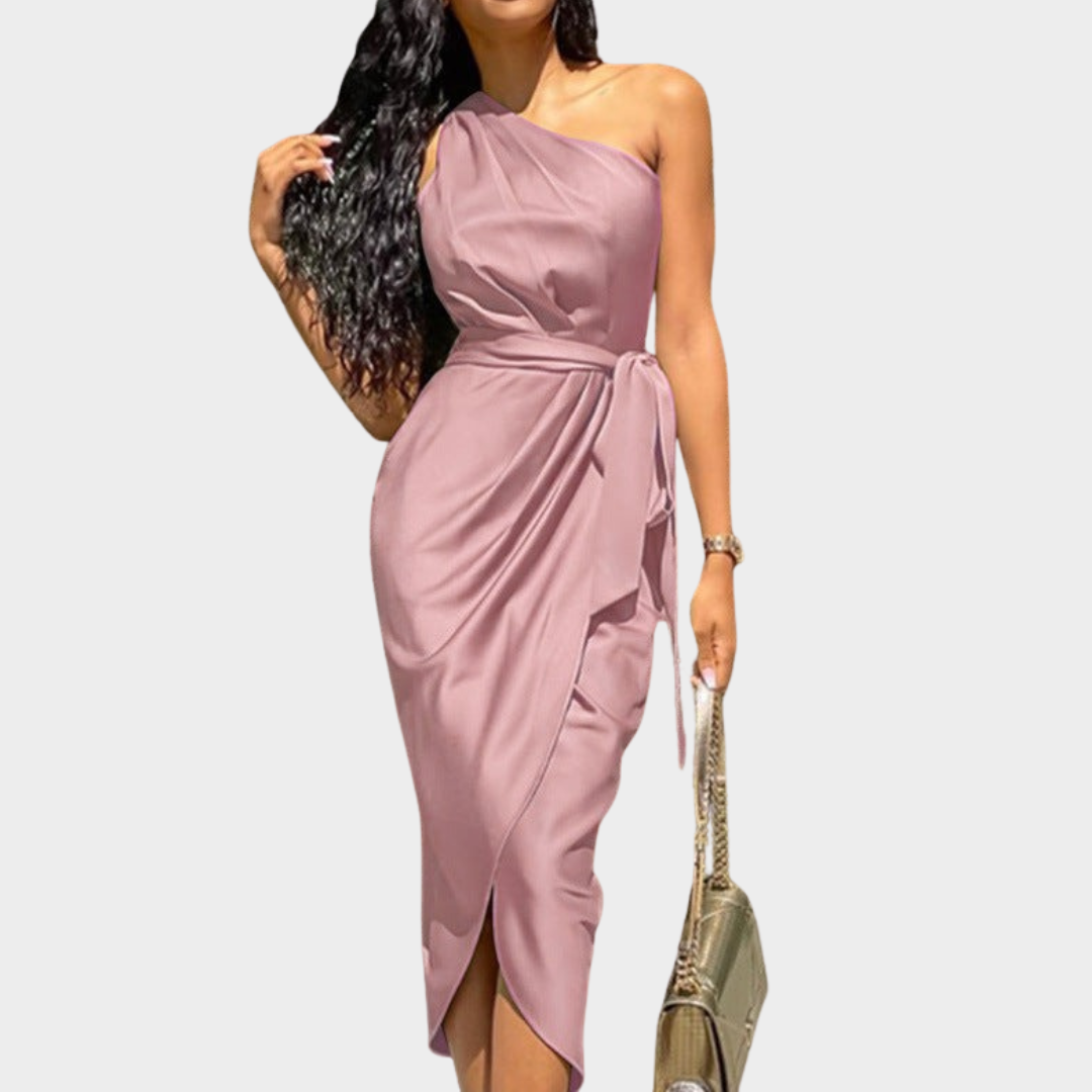 Women's Midi Evening Dress – One Shoulder Satin Fit with Ruched Asymmetrical Detail – Multiple Colours