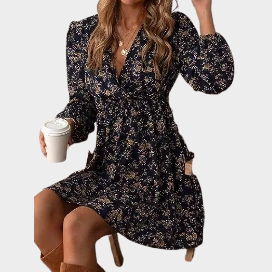 Women's V-Neck Mini Dress – Long Sleeve – Floral Print – Regular Waist – Lightweight Polyester – Multiple Colours