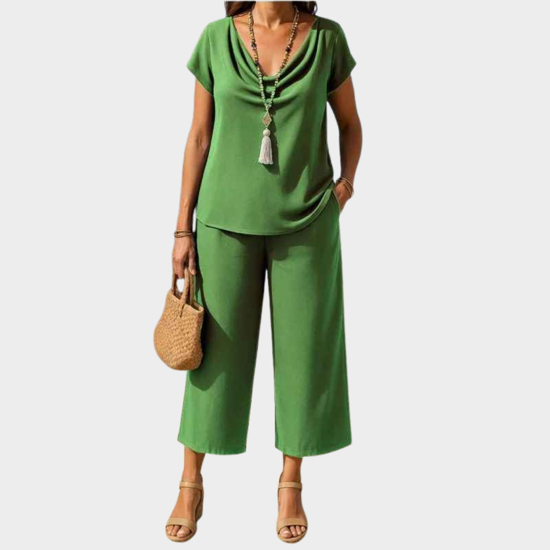 Women Two Piece Set – Casual Pile Collar Pullover with Short Sleeves and Pocket Split Pants Cotton Blend – Multiple Colours