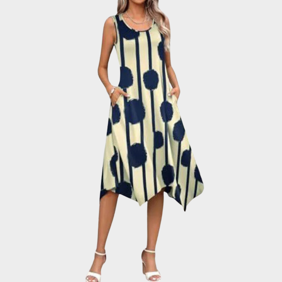 Women Dress – Sleeveless Irregular Hem Swing Style with Printed Design in Cotton Blend – Multiple Colours