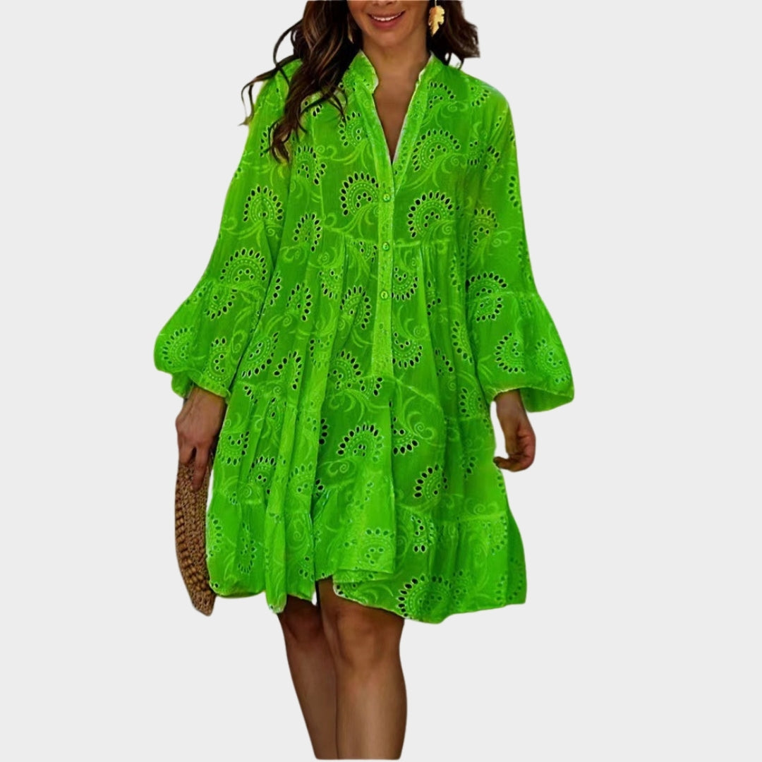 Spring Summer Women’s V-Neck Dress – Solid Color, Embroidered Hollow Lace, Loose Fit in Yellow, Red, Sky Blue, and More