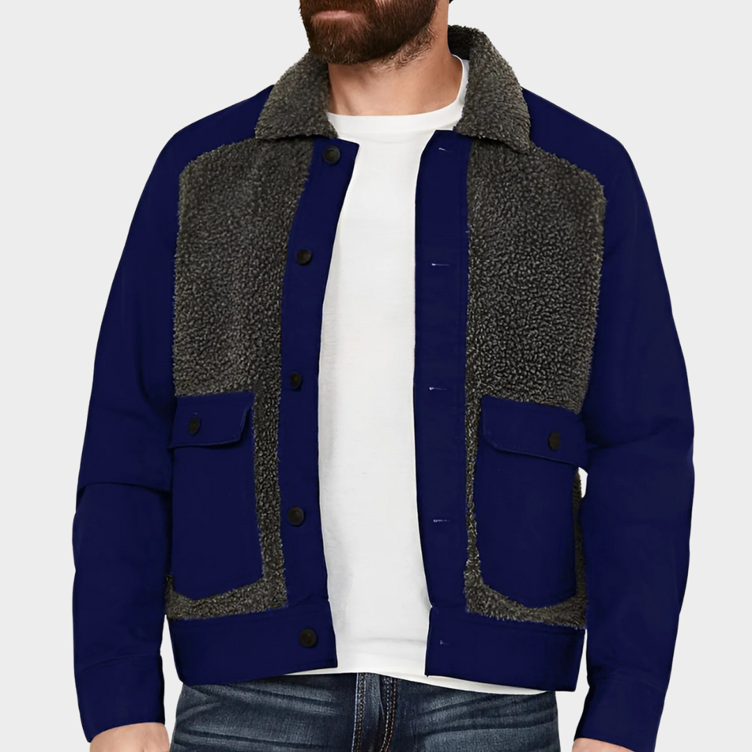 Men’s Patchwork Wool Blend Jacket – Regular Fit Waist-Length Outerwear with Sherpa Collar – Multiple Colours
