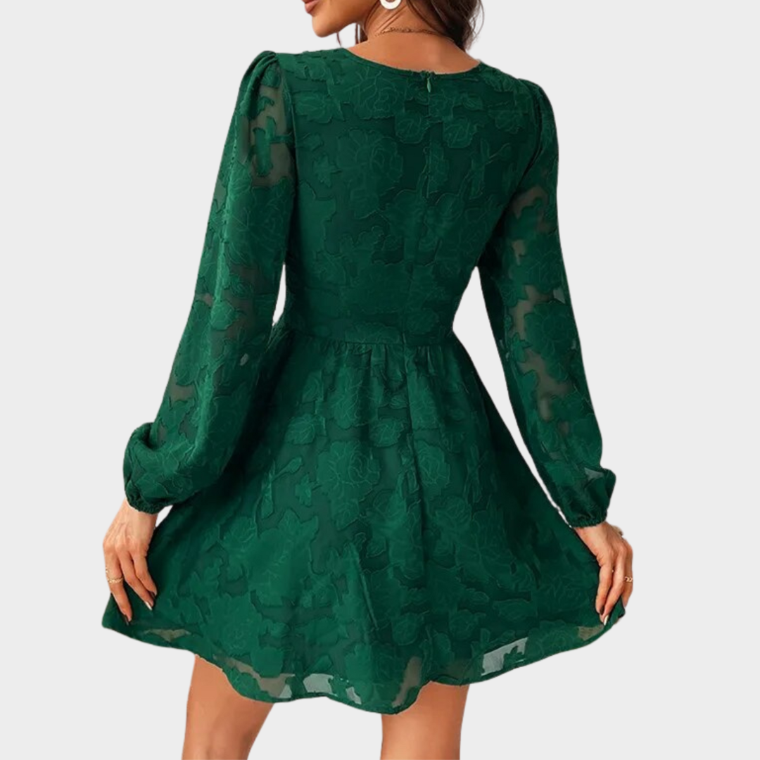 Women’s A-Line Mini Dress – Long Sleeve Lace Detailing – Plunge Neckline – Lightweight Fabric – Multiple Colours