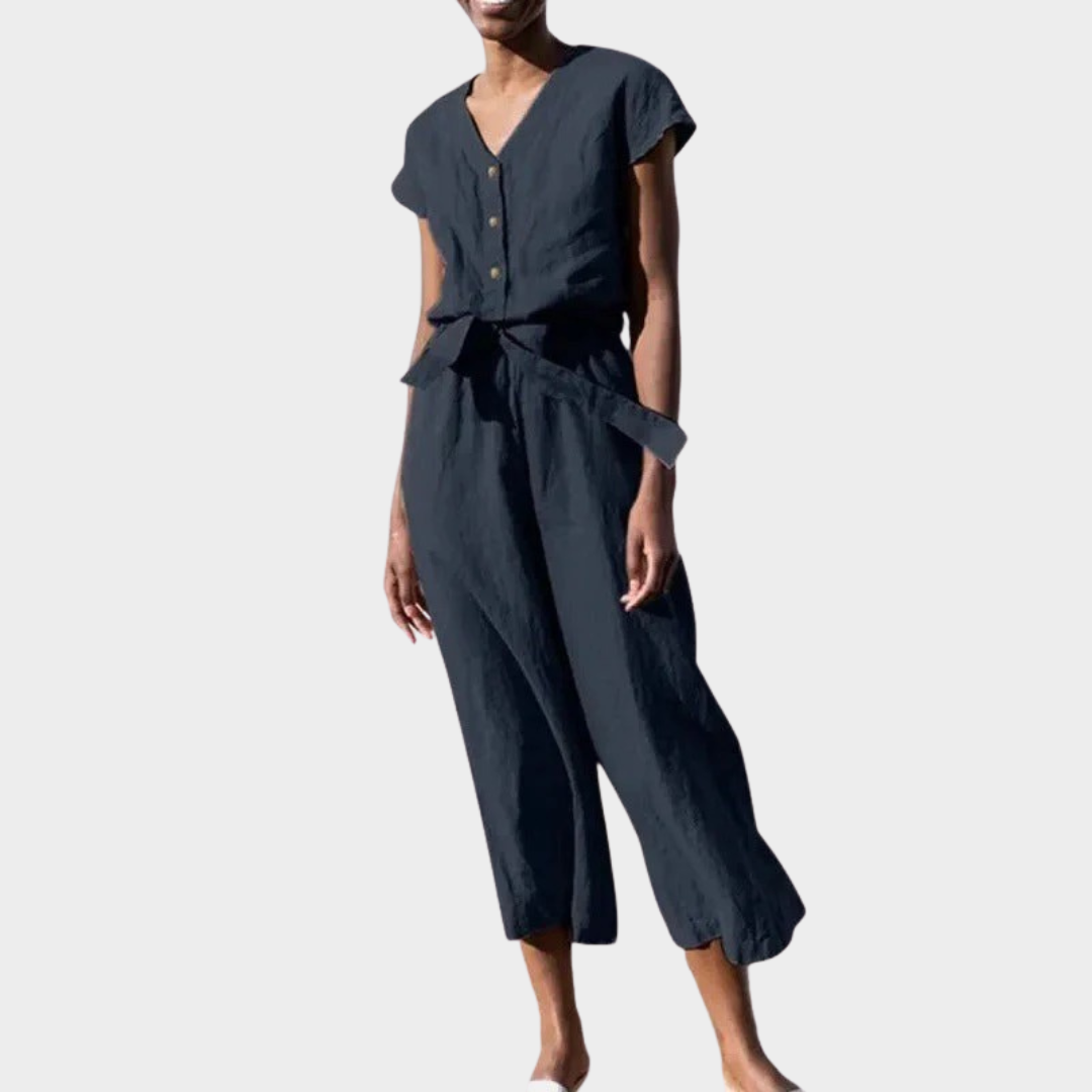 Women's Jumpsuit – Cotton Blend V-Neck Short Sleeve with Belted Waist and Cropped Leg – Relaxed Fit – Multiple Colours