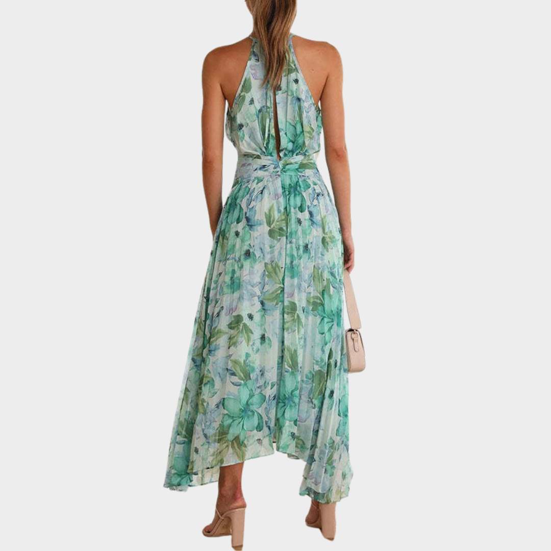Women’s Halter Neck Backless Dress – Printed Sleeveless Fit with Irregular Hem – Lightweight Draped Fabric – Green