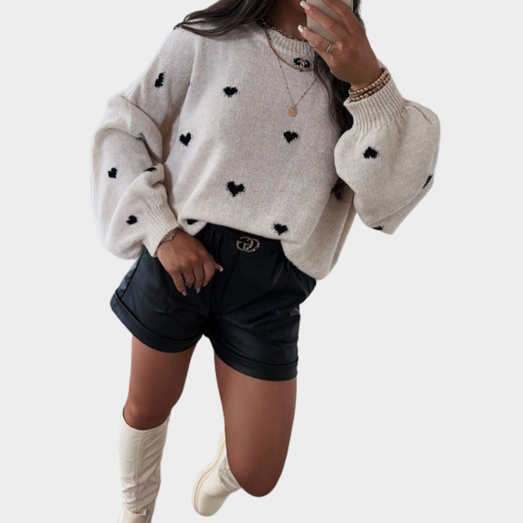 Women's Knitted Pullover Sweater – O-Neck – Love Heart Design – Loose Fit – Soft Knitwear – White