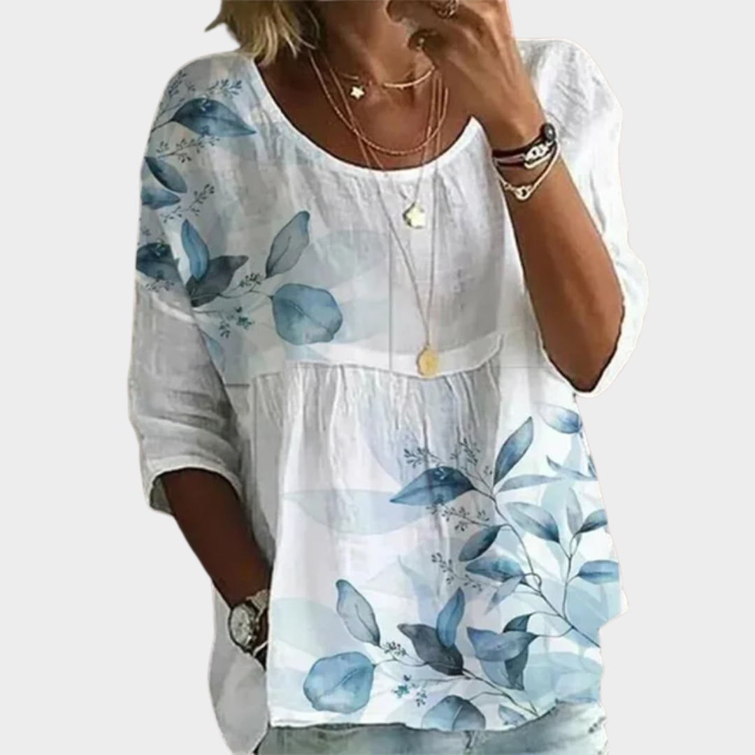 Women’s Floral Print Blouse – Casual Loose Fit Cotton Linen Pullover Top – Crew Neck Vintage Style Shirt – Multiple Colours