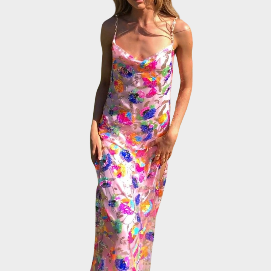 Women's Backless Maxi Dress – Embroidered Sequins – Elegant Floral Design – Flowing Fit – Lightweight Fabric – Multiple Colours